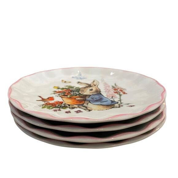 Beatrix Potter Peter Rabbit Easter Salad Plates Set of 4 Scalloped Pink Trim NEW - Picture 4 of 14